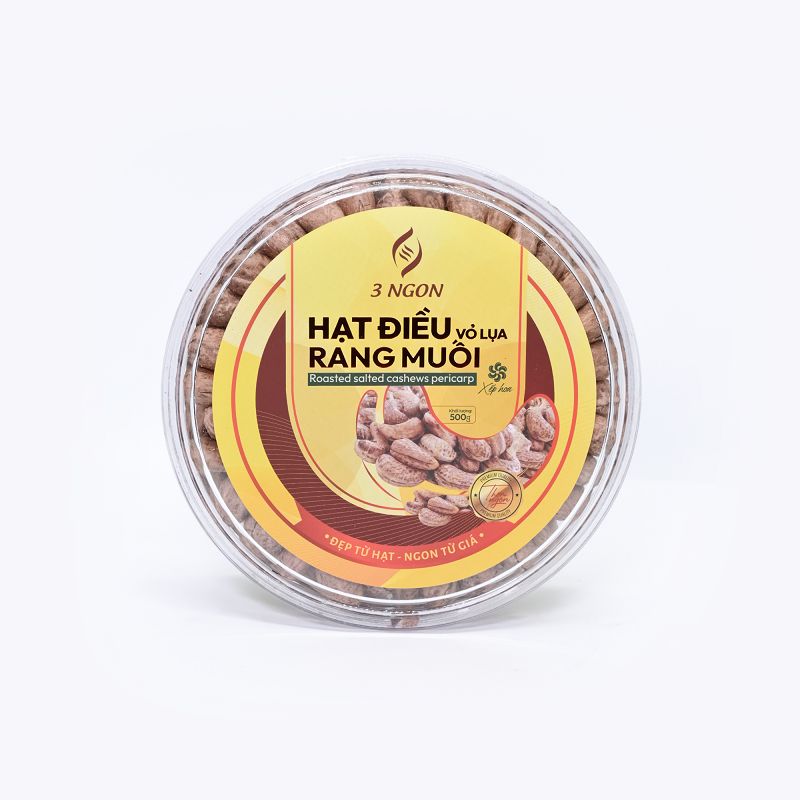 Hạt điều rang muối vỏ lụa 3 Ngon - Tròn xếp hoa 500g