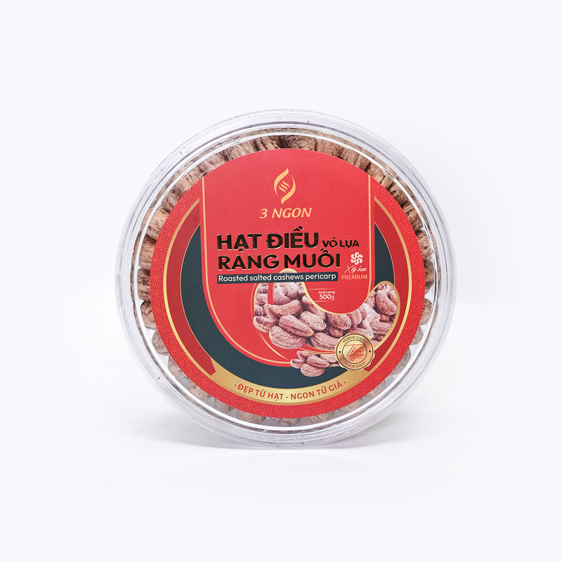 Hạt điều rang muối vỏ lụa 3 Ngon - Tròn xếp hoa Premium 500g